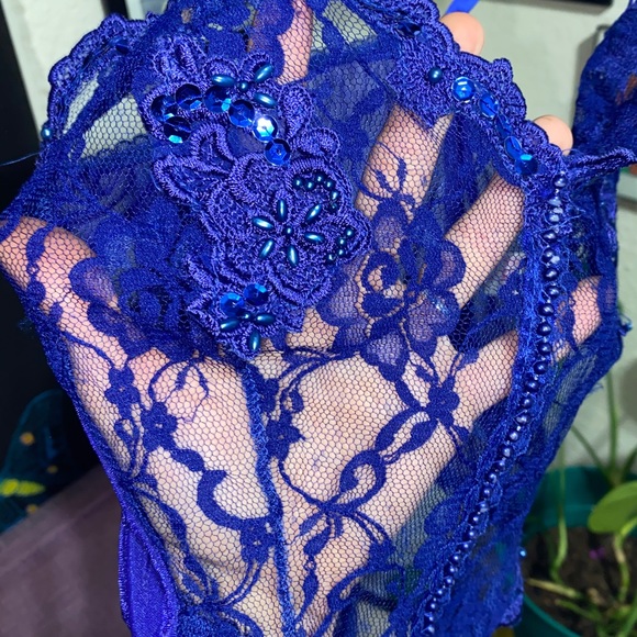 VTG 90s Faris Lingerie Blue Lace Sequined Teddy - Picture 7 of 7